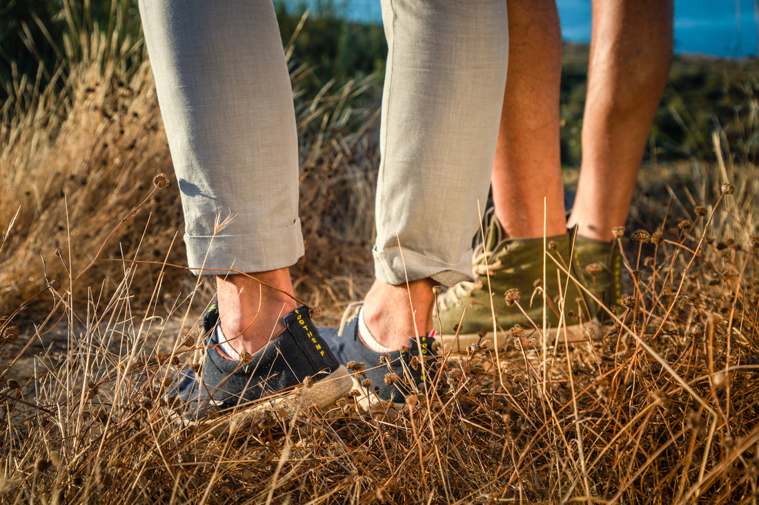hemp shoes for men and women standing in the grass