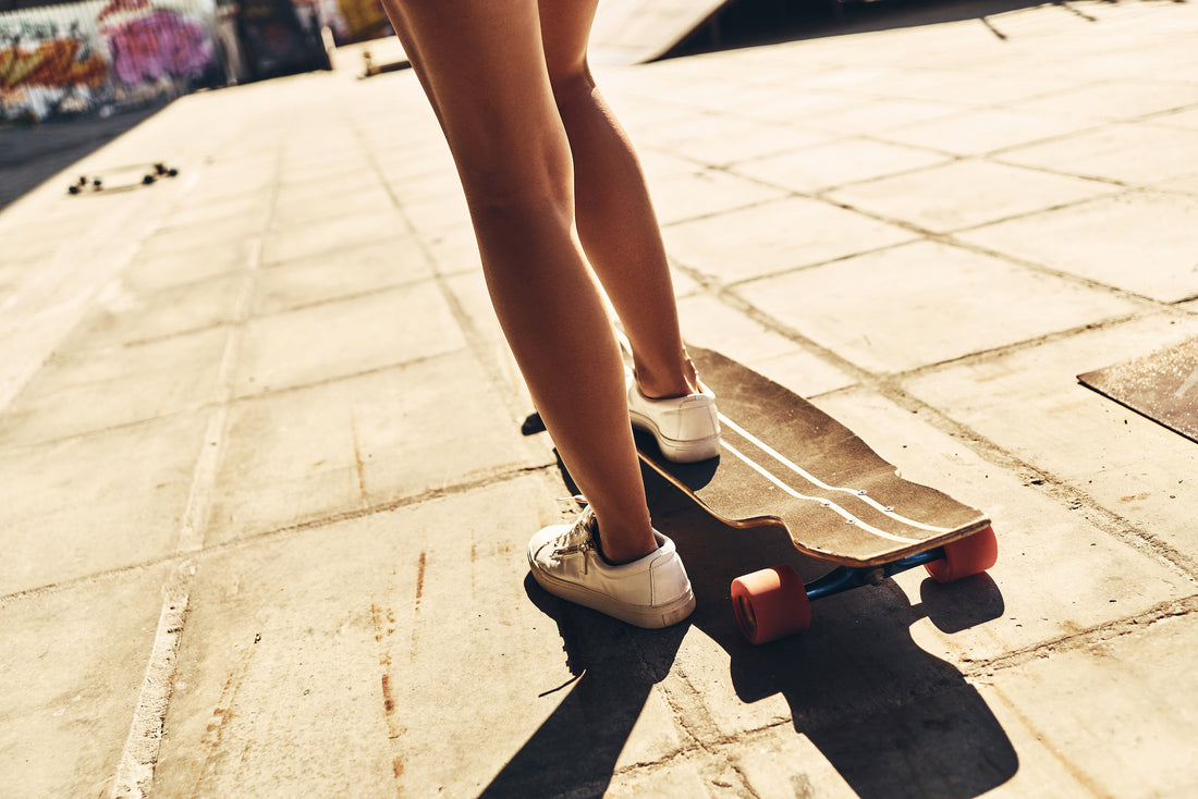 woman wearing hemp skate shoes on skateboard
