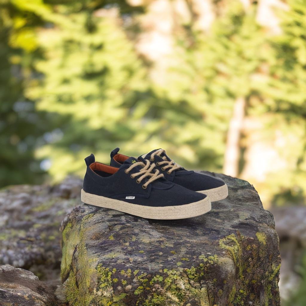 comfortable hemp shoes on a hiking trail